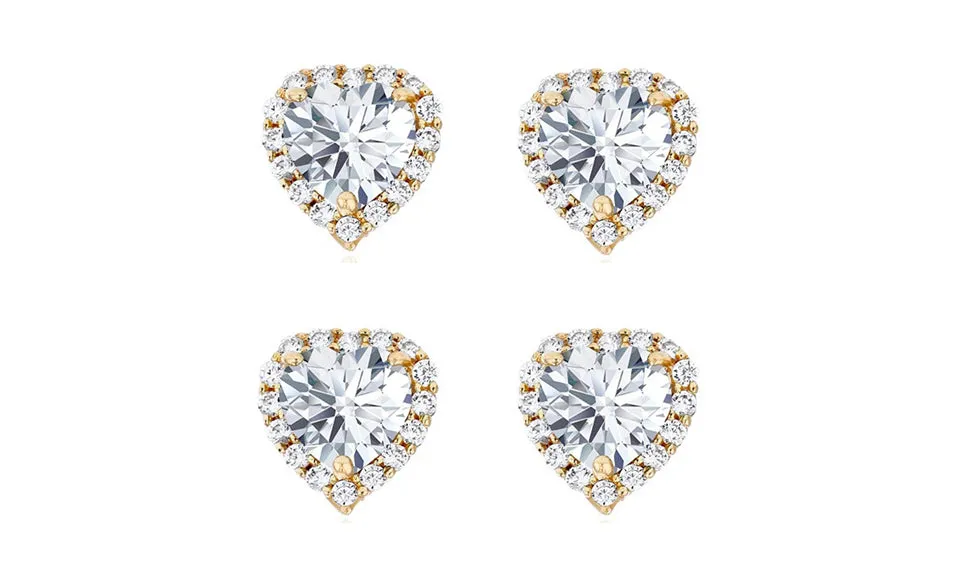 14k Yellow Gold Plated 2Ct Heart White Sapphire Set of Two Halo Stud Earrings