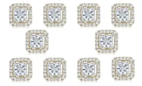 14k Yellow Gold Plated 2Ct Princess Cut White Sapphire Set of Five Halo Stud Earrings