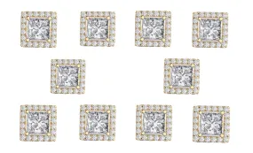 14k Yellow Gold Plated 2Ct Square Cut White Sapphire Set of Five Halo Stud Earrings