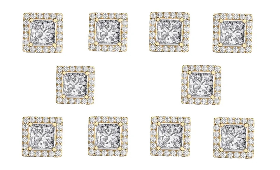 14k Yellow Gold Plated 2Ct Square Cut White Sapphire Set of Five Halo Stud Earrings