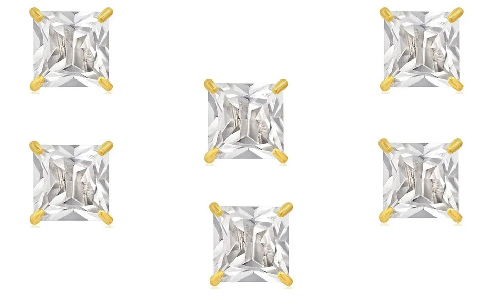 14k Yellow Gold Plated 2Ct Square Cut White Sapphire Set Of Three Stud Earrings