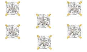 14k Yellow Gold Plated 2Ct Square Cut White Sapphire Set Of Three Stud Earrings