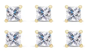 14k Yellow Gold Plated 3Ct Princess Cut White Sapphire Set Of Three Stud Earrings