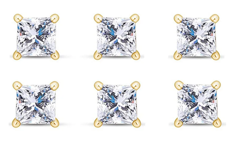 14k Yellow Gold Plated 3Ct Princess Cut White Sapphire Set Of Three Stud Earrings