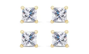 14k Yellow Gold Plated 3Ct Princess Cut White Sapphire Set Of Two Stud Earrings