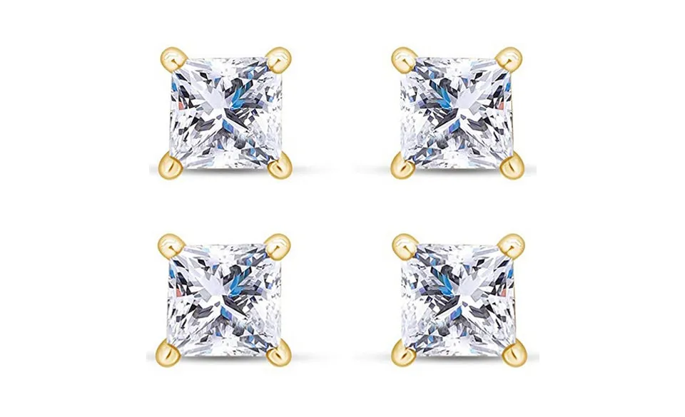 14k Yellow Gold Plated 3Ct Princess Cut White Sapphire Set Of Two Stud Earrings