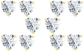 14k Yellow Gold Plated 4Ct Heart White Sapphire Set Of Five Stud Earrings