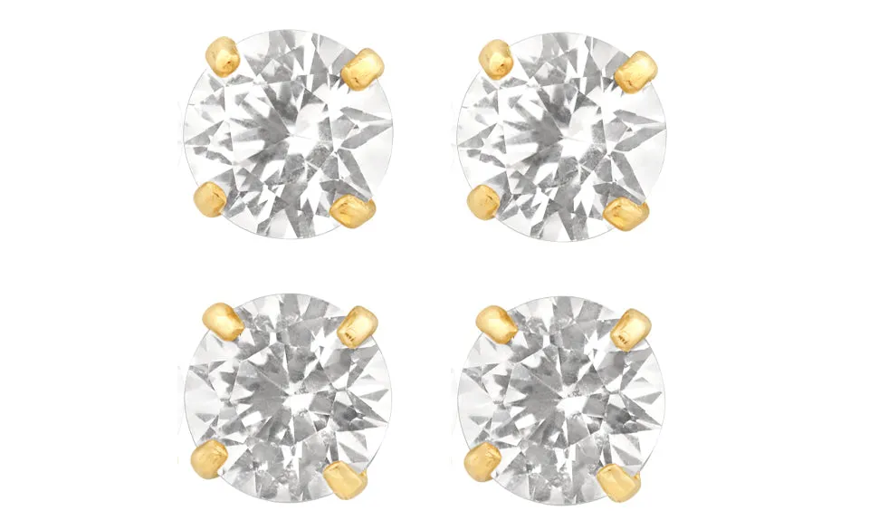 14k Yellow Gold Plated 4Ct Round White Sapphire Set Of Two Stud Earrings