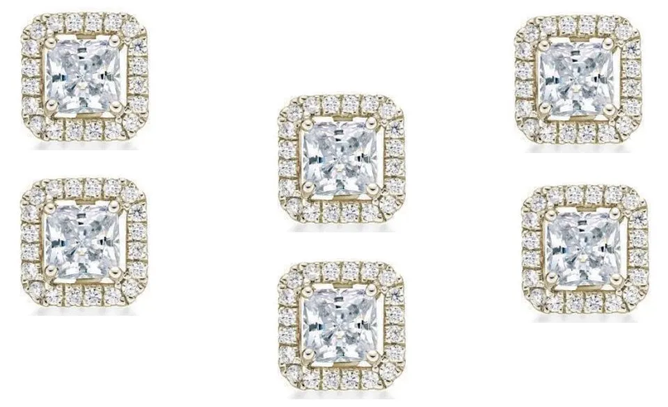 14k Yellow Gold Plated 4mm 1/2Ct Princess Cut White Sapphire Set of Three Halo Stud Earrings