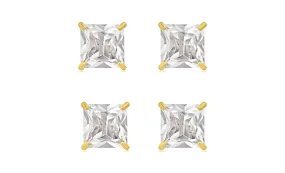 14k Yellow Gold Plated 4mm 1/2Ct Square Cut White Sapphire Set Of Two Stud Earrings