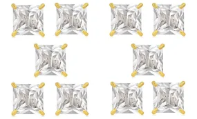 14k Yellow Gold Plated 4mm 2Ct Square Cut White Sapphire Set Of Five Stud Earrings