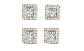 14k Yellow Gold Plated 4mm 2Ct Square Cut White Sapphire Set of Two Halo Stud Earrings