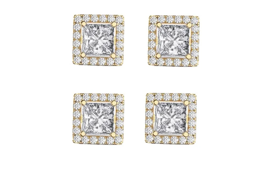 14k Yellow Gold Plated 4mm 2Ct Square Cut White Sapphire Set of Two Halo Stud Earrings