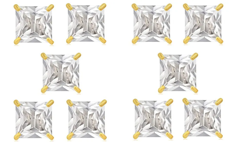 14k Yellow Gold Plated 6mm 1/2Ct Square Cut White Sapphire Set Of Five Stud Earrings