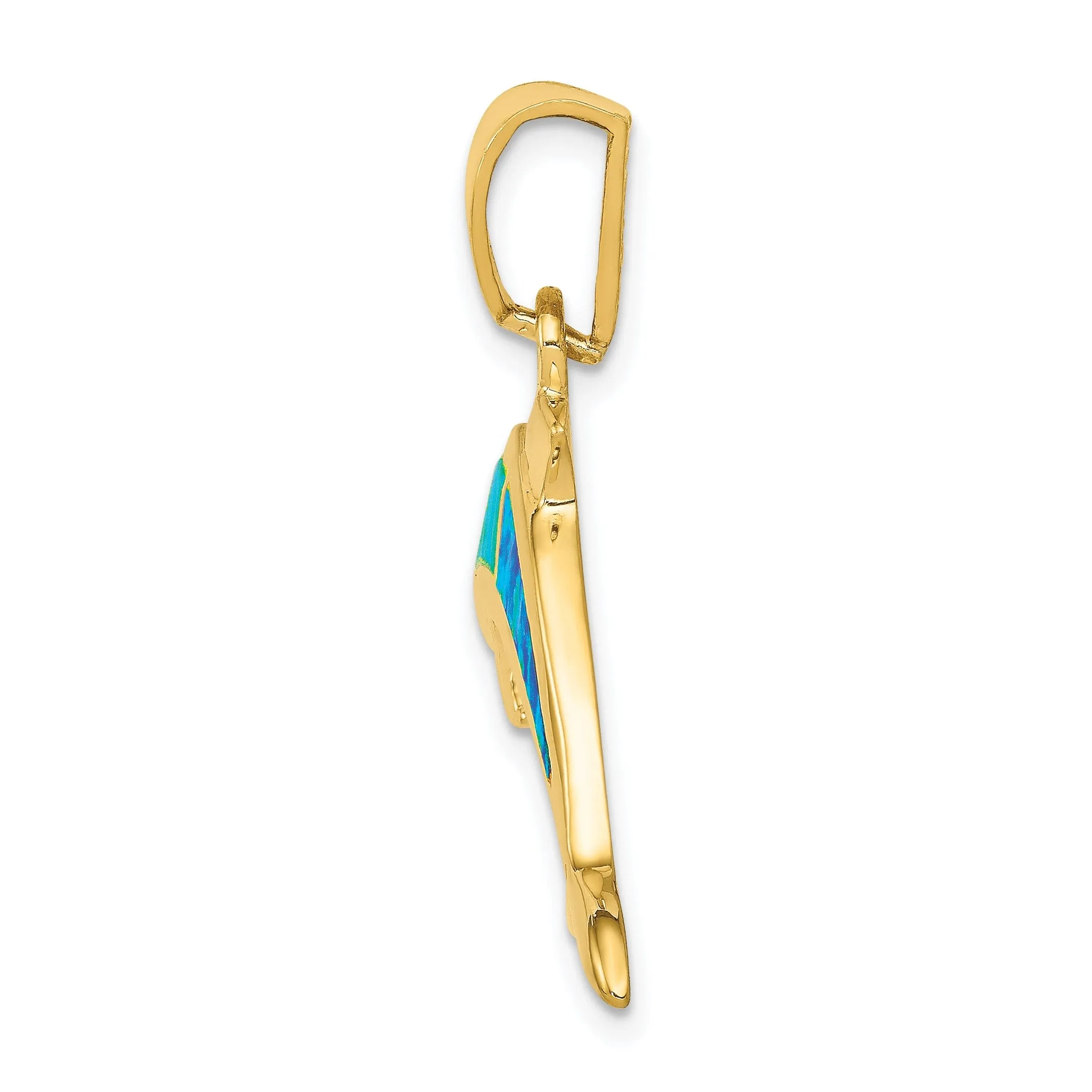 14k Yellow Gold Polished Finish Lab Created Opal Dolphin Charm Pendant