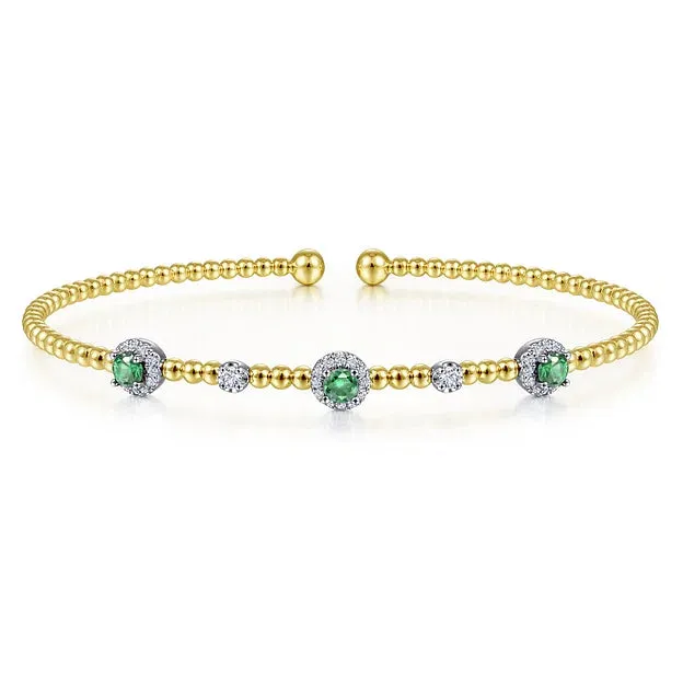 14KWY Bujukan Emerald and Diamond Halo Cuff Bracelet