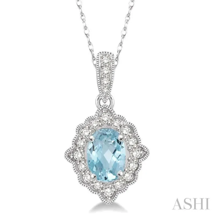 1/6 Ctw Round Cut Diamond and Ethnic Oval Cut 6x4 MM Aquamarine Semi Precious Pendant in 10K White Gold with chain