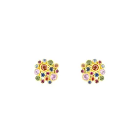 18 Karat Matte Yellow Gold Post Earring with Multi Color Sapphire Cluster