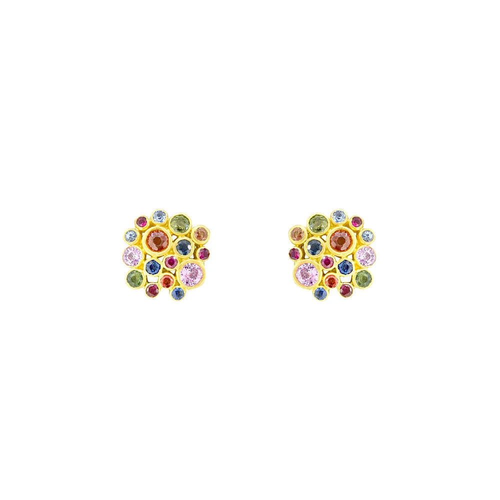 18 Karat Matte Yellow Gold Post Earring with Multi Color Sapphire Cluster