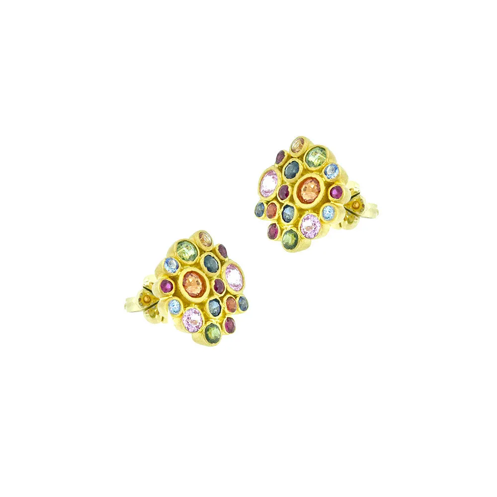 18 Karat Matte Yellow Gold Post Earring with Multi Color Sapphire Cluster