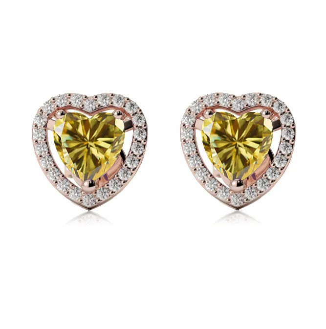 18k Rose Gold Plated 1 Ct Created Halo Heart Yellow Sapphire Stud Earrings