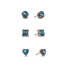 18k Rose Gold Plated 6mm Created Alexandrite 3 Pair Round, Square and Heart Stud Earrings