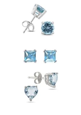 18k White Gold Plated 1/4Cttw 4mm Created Aquamarine 3 Pair Round, Square and Heart Stud Earrings