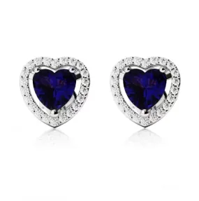 18k White Gold Plated 2 Ct Created Halo Heart Blue Sapphire Stud Earrings