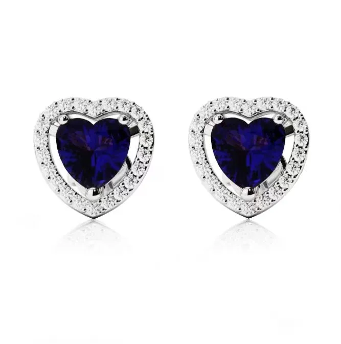 18k White Gold Plated 3 Ct Created Halo Heart Blue Sapphire Stud Earrings