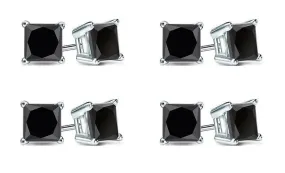 18k White Gold Plated Created Black Sapphire 2Ct Princess Cut Pack of Four Stud Earrings