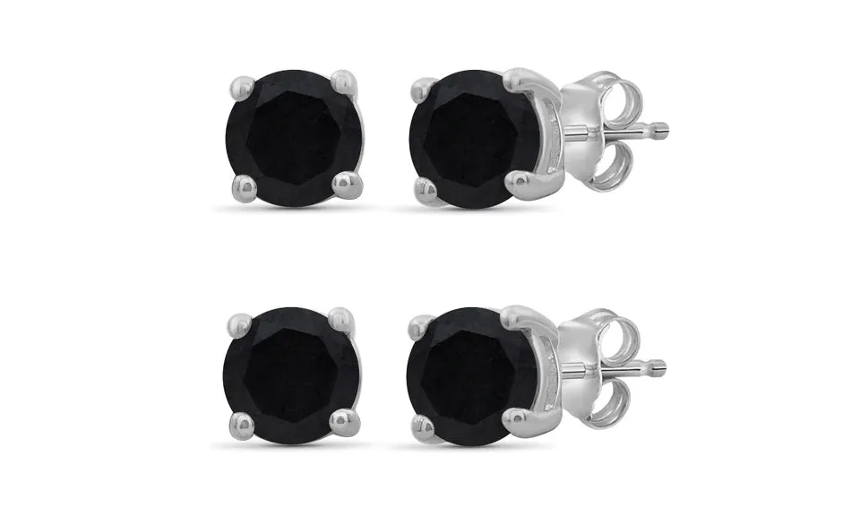 18k White Gold Plated Created Black Sapphire 4Ct Round Set of Two Stud Earrings