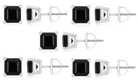 18k White Gold Plated Created Black Sapphire 4Ct Square Cut Pack of Five Stud Earrings