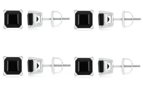 18k White Gold Plated Created Black Sapphire 4Ct Square Cut Pack of Four Stud Earrings