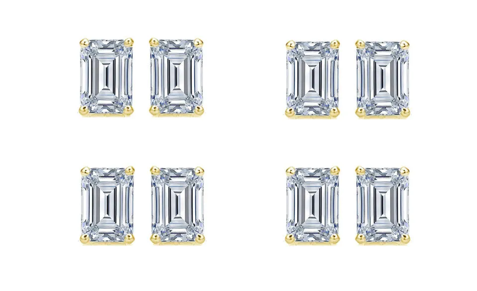 18k Yellow Gold 4mm 1/2Ct Emerald Cut White Sapphire Set Of Four Stud Earrings Plated