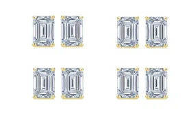 18k Yellow Gold 4mm 1/2Ct Emerald Cut White Sapphire Set Of Four Stud Earrings Plated