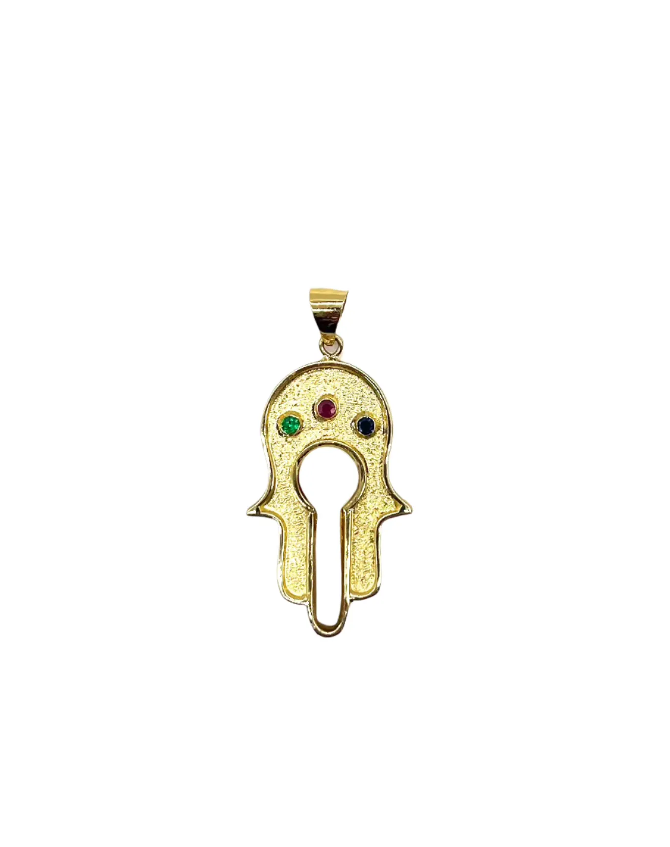 18k Yellow Gold Hamsa with Mother of Pearl, Ruby, Sapphire and Emerald