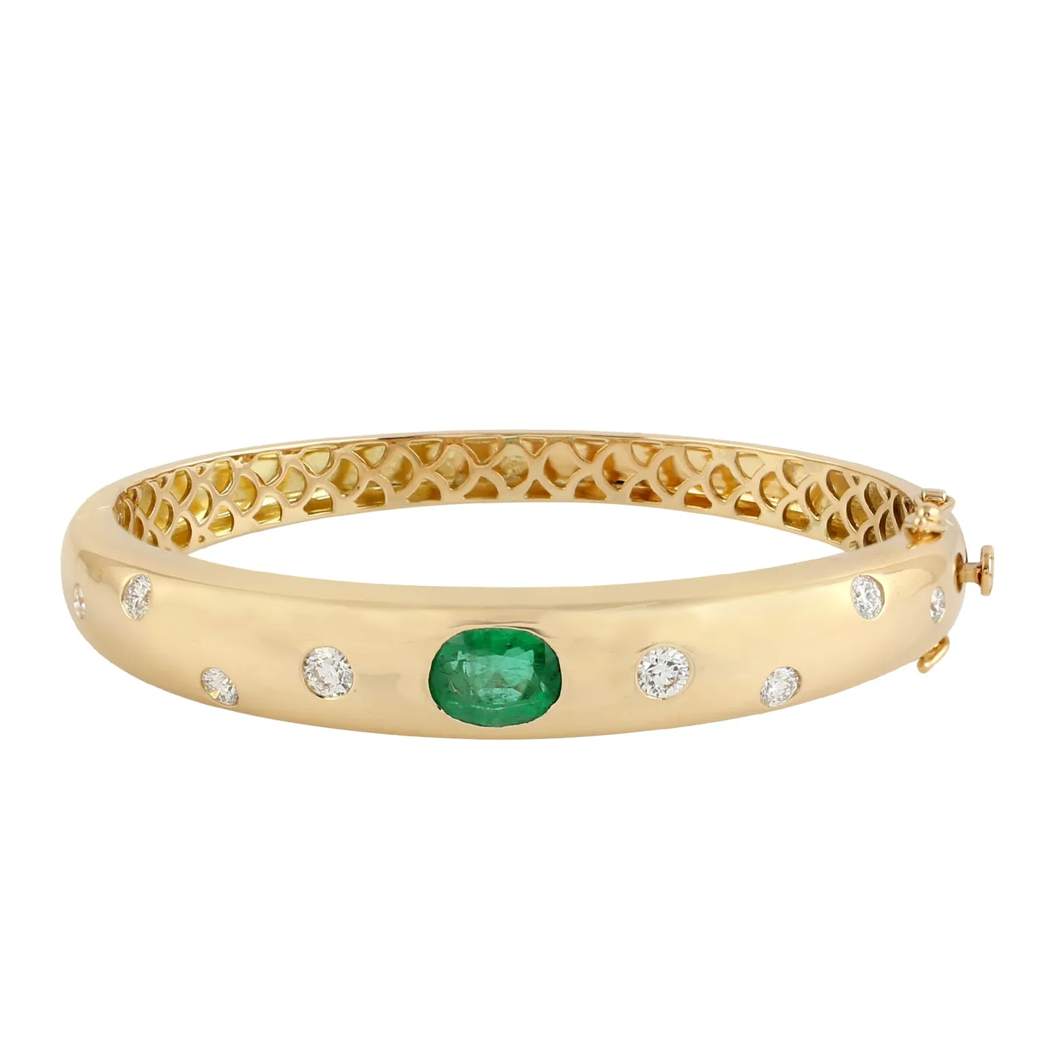 18k Yellow Gold Oval Cut Emerald Bezel Set Diamond Bangle Bracelet Handmade Jewelry