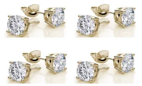 18k Yellow Gold Plated Created White Sapphire 2 Carat Round Pack of Four Stud Earrings