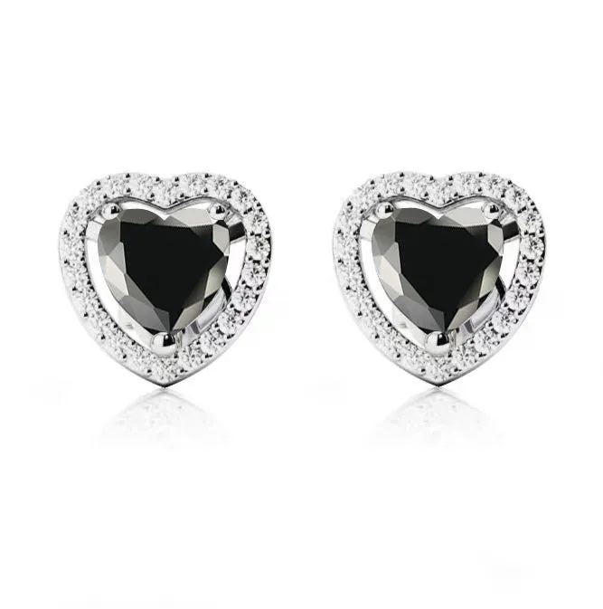 24k White Gold Plated 3 Ct Created Halo Heart Black Sapphire Stud Earrings