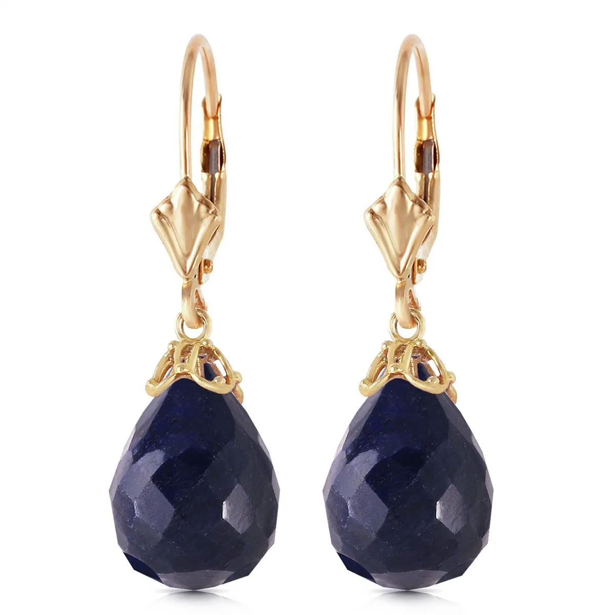 29.6 Carat 14K Solid Yellow Gold Leverback Earrings Briolette Sapphire