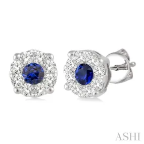 3.3mm Round Cut Sapphire and 1/2 Ctw Lovebright Diamond Earrings in 14K White Gold