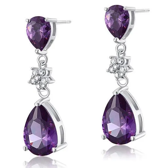 3.5 Carat Purple Sapphire Pear Cut Simulated Diamond 925 Sterling Silver Dangle Earrings