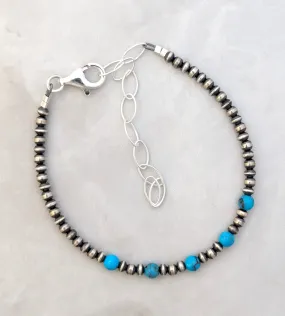 3mm Navajo Pearls & 5 Stone Blue Turquoise Bracelet Sterling Silver