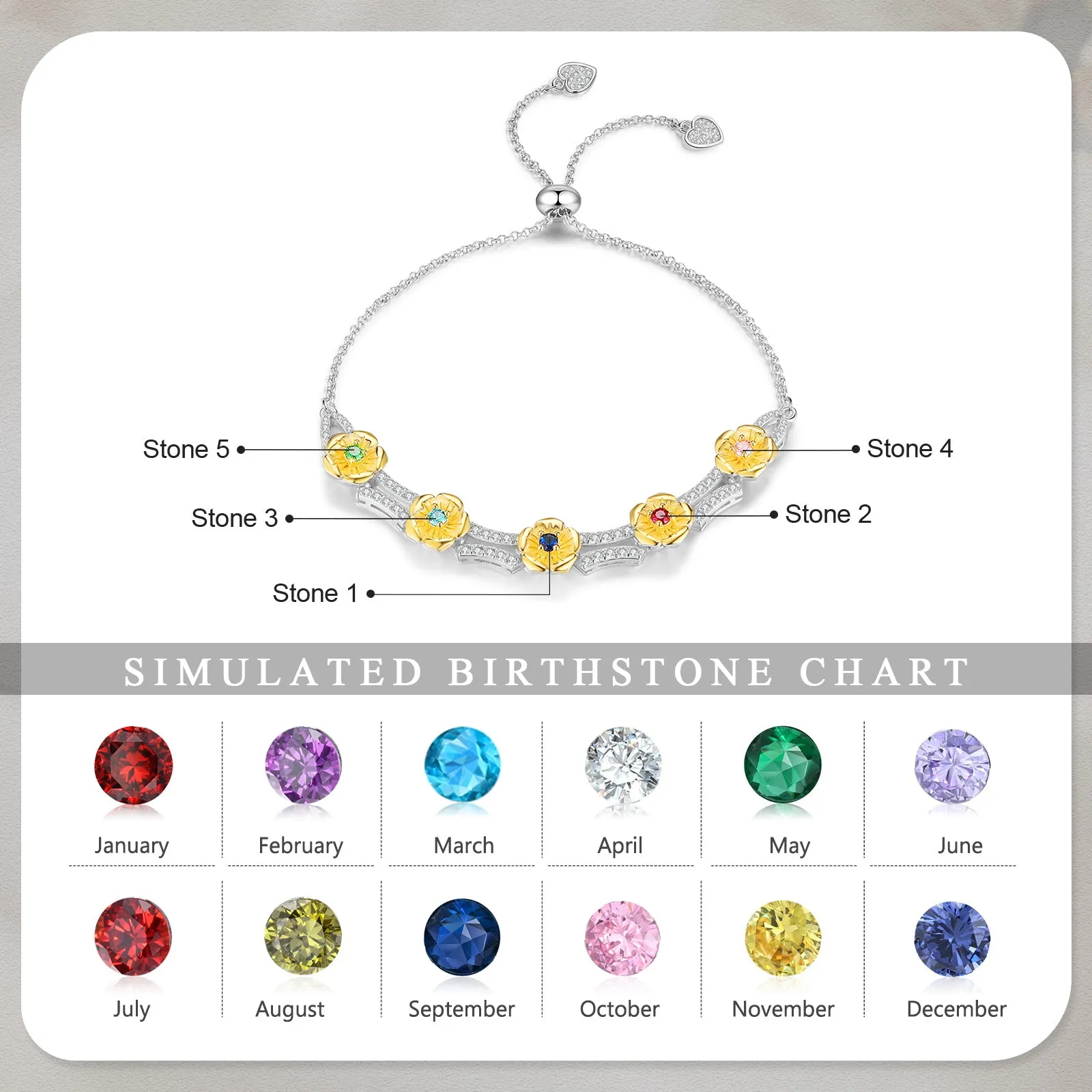 4FunGift® Custom Birthstone Flowers Bracelet Valentine's Day Gift