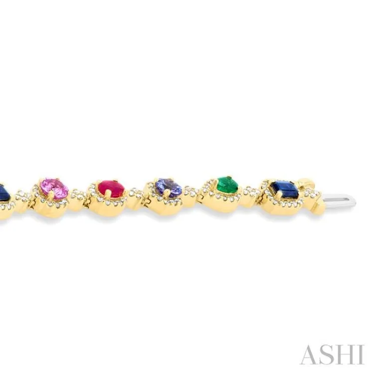 4X3MM & 4MM Mixed Shape Gemstone Rainbow and 1 ctw Round Cut Diamond Halo Precious Tennis Bracelet in 14K Yellow Gold