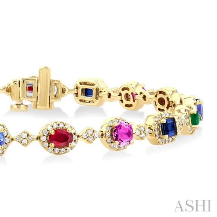 4X3MM & 4MM Mixed Shape Gemstone Rainbow and 1 ctw Round Cut Diamond Halo Precious Tennis Bracelet in 14K Yellow Gold