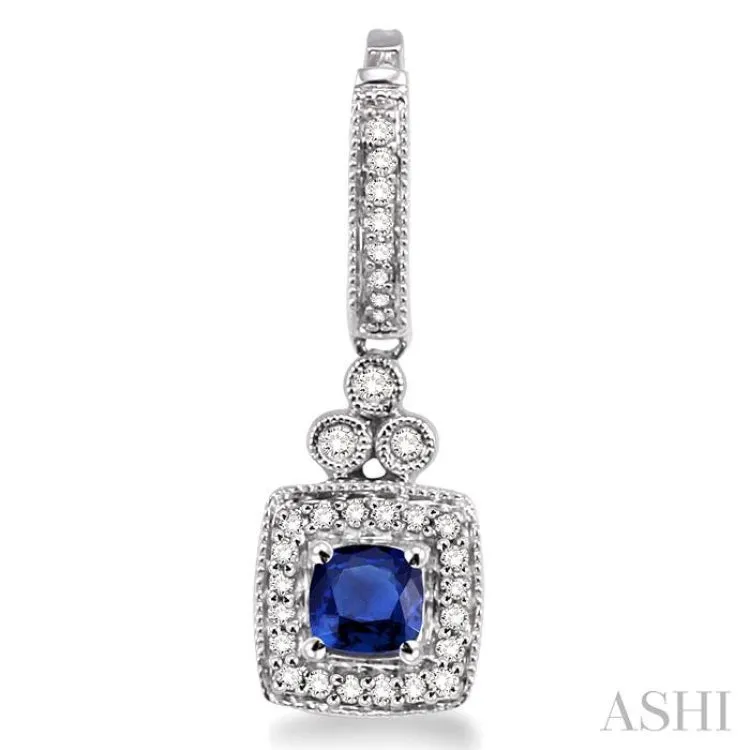 4x4 MM Cushion Shape Sapphire and 1/3 Ctw Round Cut Diamond Earrings in 14K White Gold