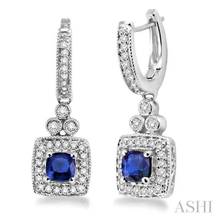 4x4 MM Cushion Shape Sapphire and 1/3 Ctw Round Cut Diamond Earrings in 14K White Gold