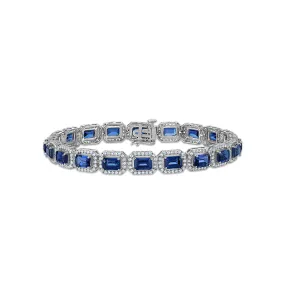 6X4MM Emerald Shape Blue Sapphire and White Sapphire 7.5-inch Halo Tennis Bracelet in Rhodium Plated Sterling Silver