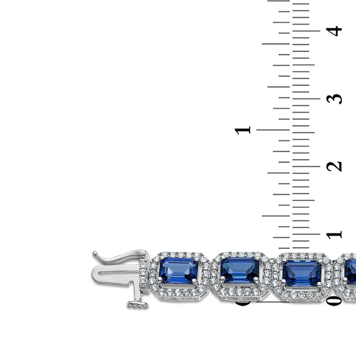 6X4MM Emerald Shape Blue Sapphire and White Sapphire 7.5-inch Halo Tennis Bracelet in Rhodium Plated Sterling Silver